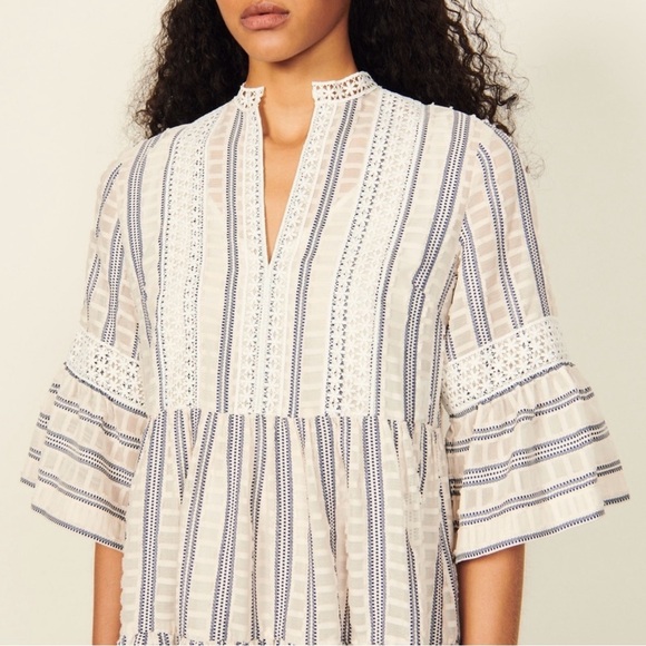 SANDRO • Ecru/White/Navy Stephanie Stripe Boho Lace-Trim Tiered Mini Dress, S - Picture 4 of 16